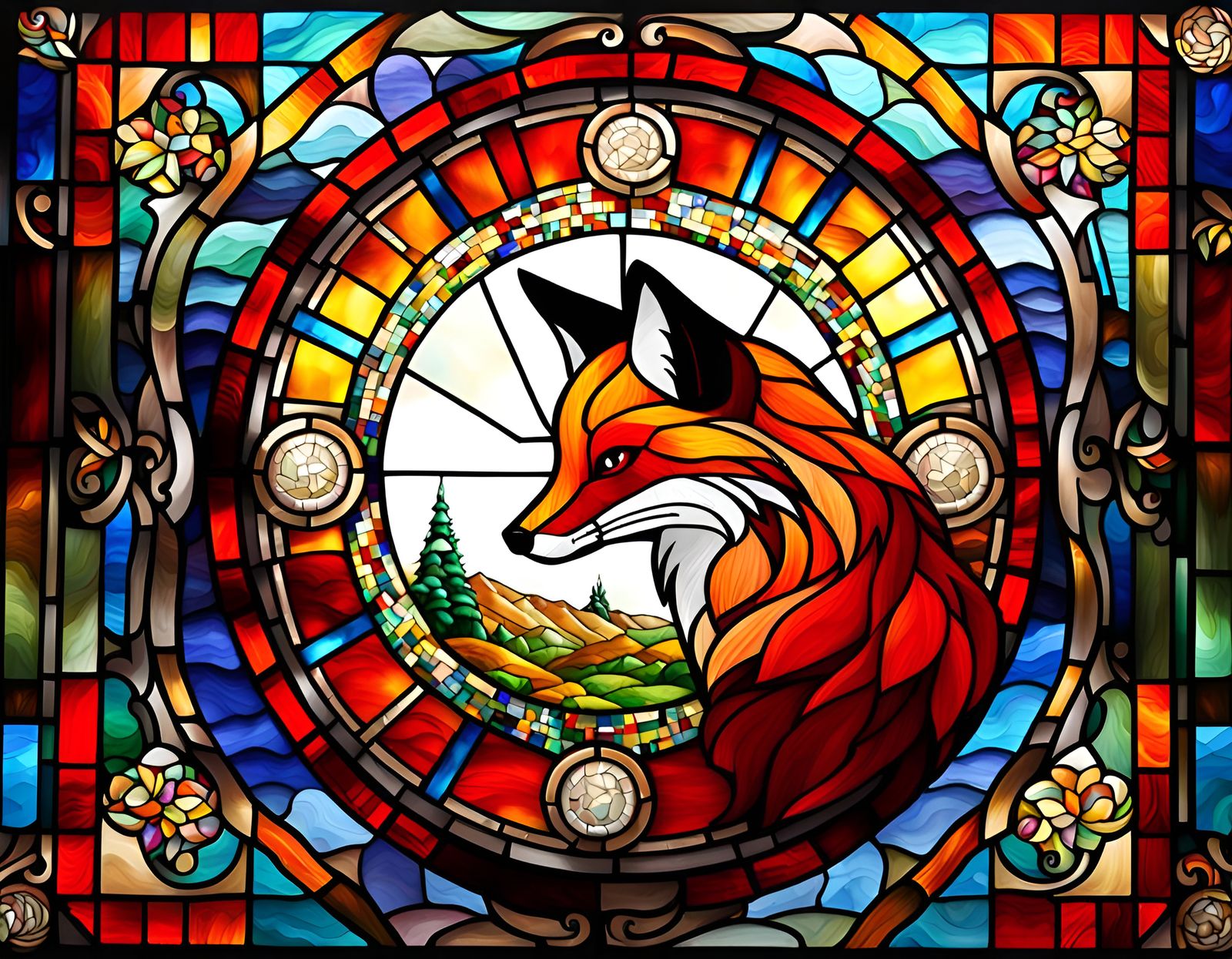 Stained Glass Red Fox Mosaic Window Art