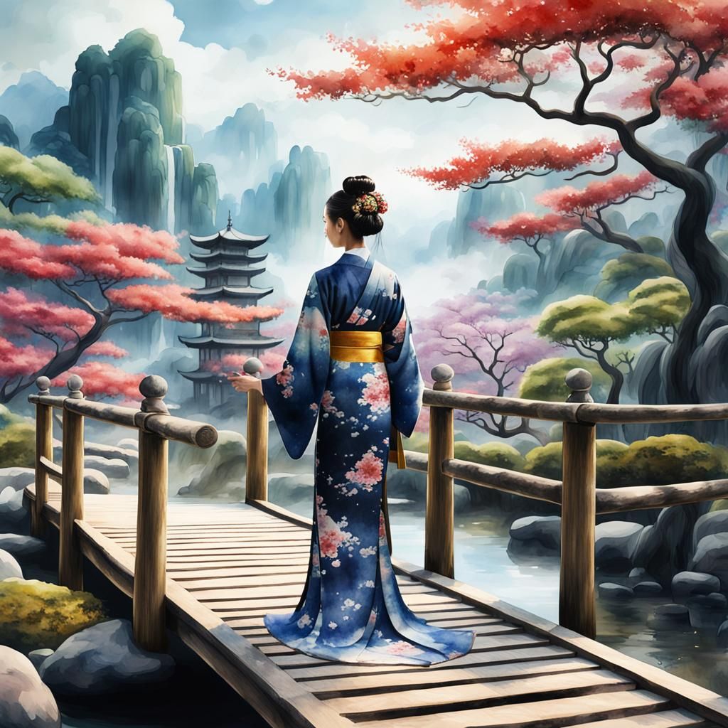Asian Woman in Kimono in Zen Garden Watercolor