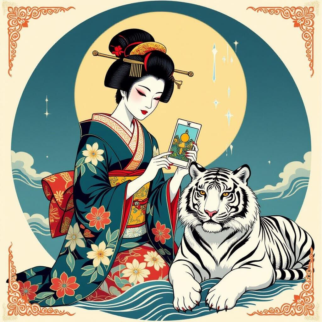 High Priestess with White Tiger in Ukiyo-e Style