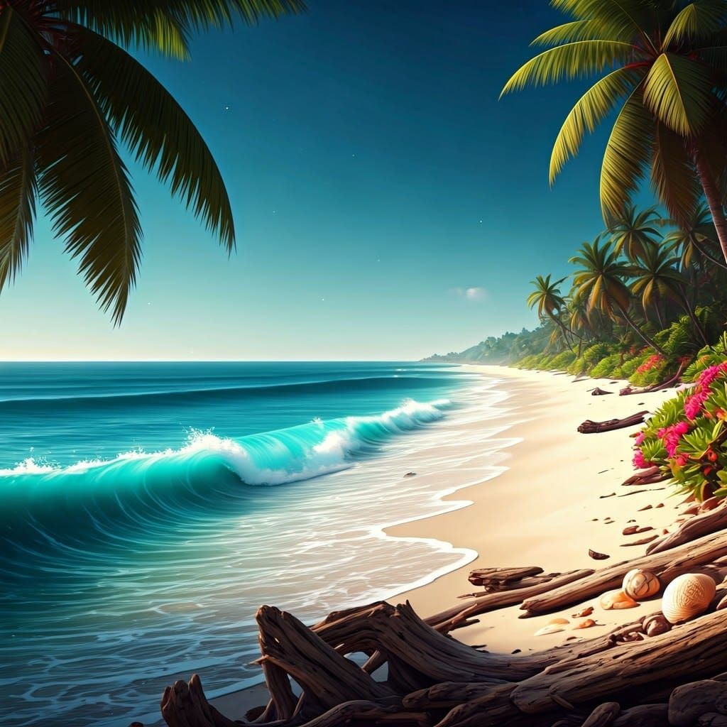 Surreal Tropical Beach Scene in Unreal Engine 5 Style