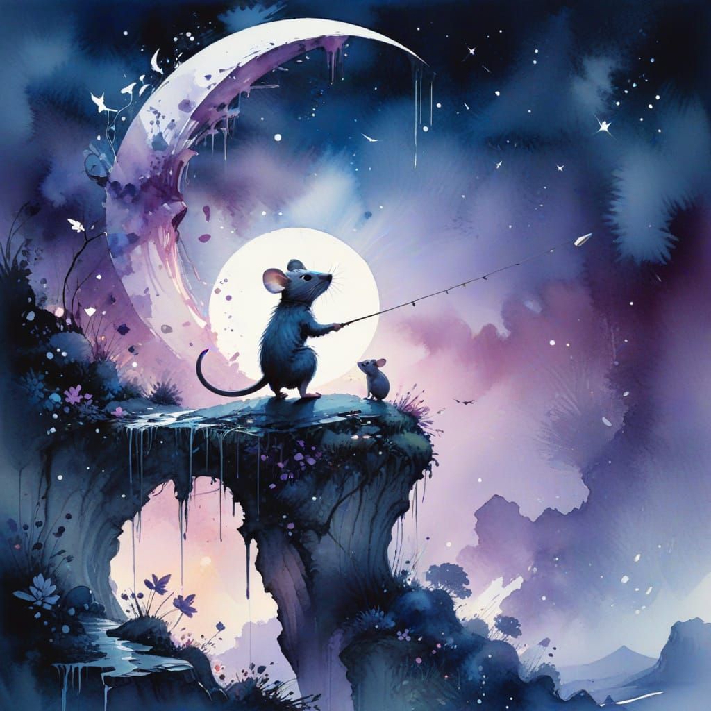 Mouse Fishing Under Crescent Moon at Twilight