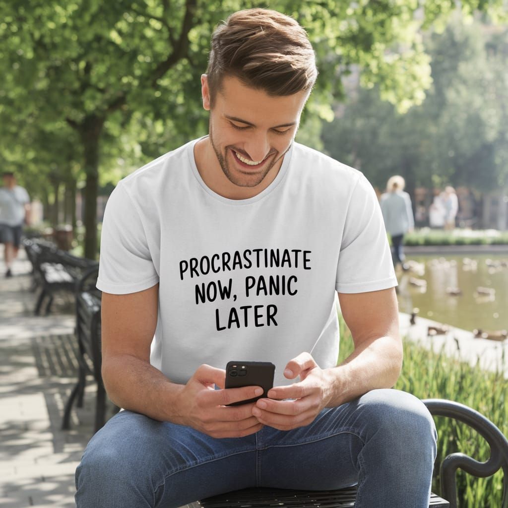 Laid-Back Guy Laughs on Park Bench in Sunny Nature Scene