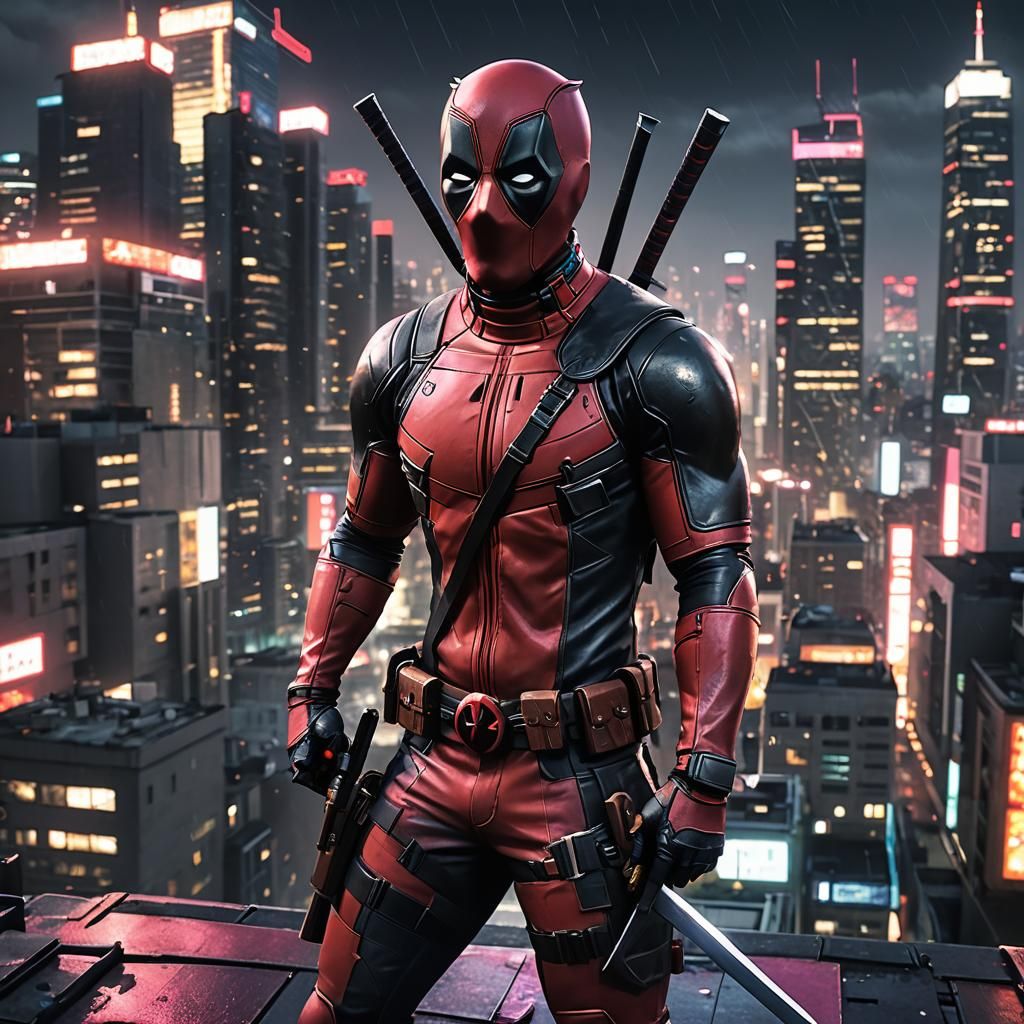Deadpool Posing on Rooftop in Anime 3D Art