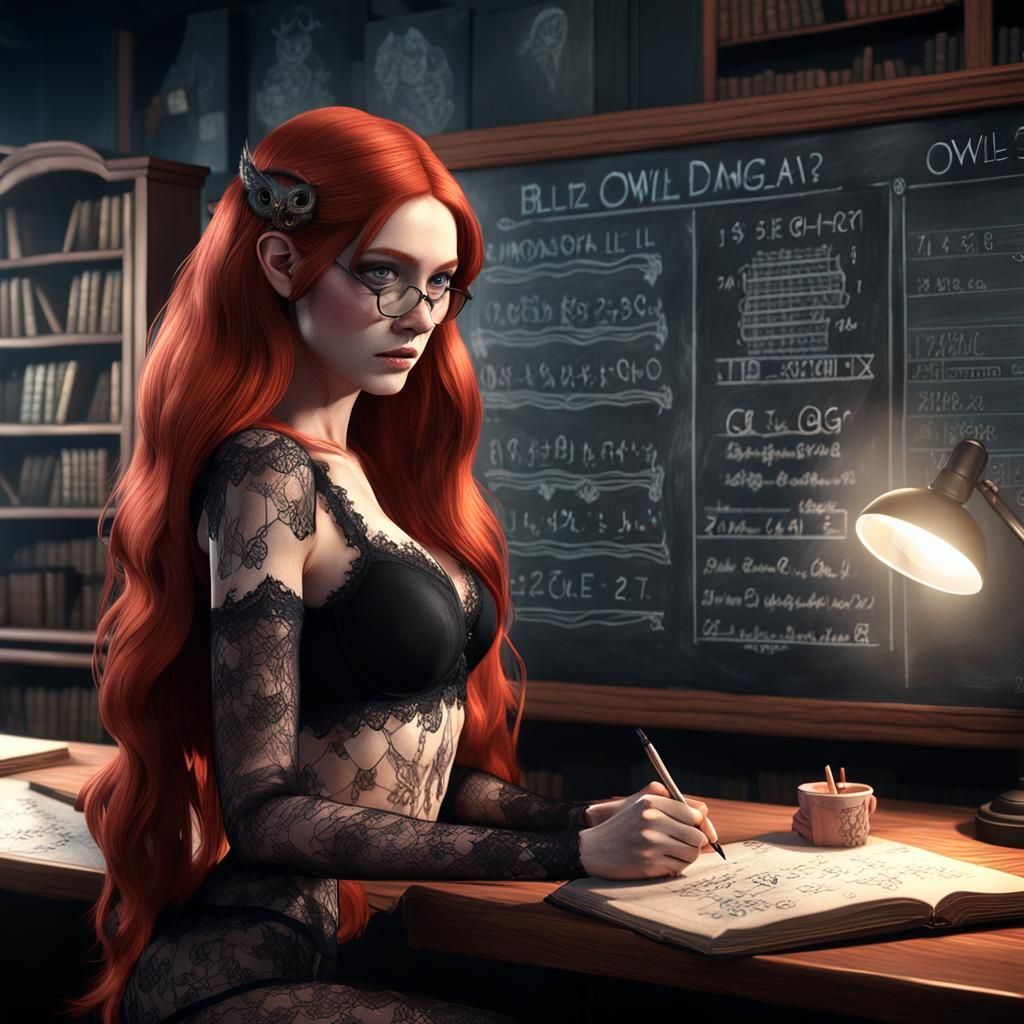 Redhead Teacher Writes on Chalkboard: 3D Game Cinematic