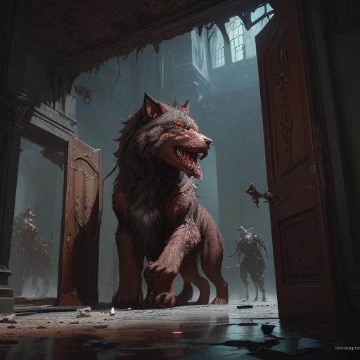 Ferocious Cerberus Guarding a Dungeon Entrance