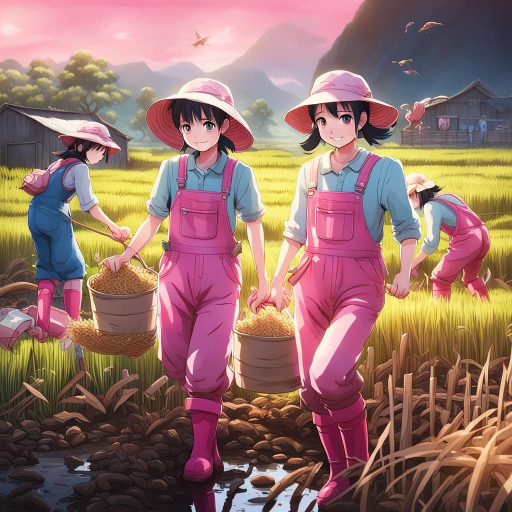 Manga Girls Harvesting Rice on Farm in Pink Overalls