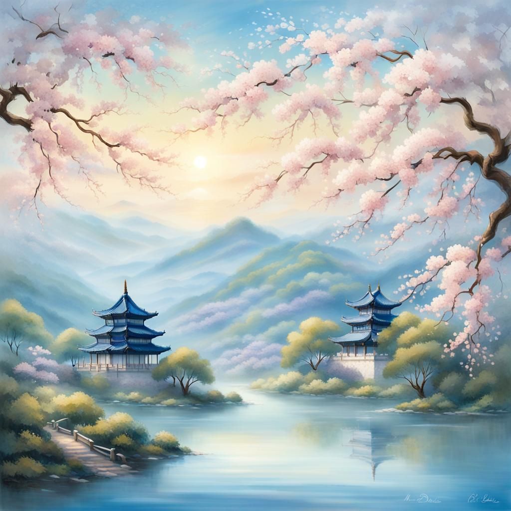 Ethereal Chinese Landscape in Soft Morning Light