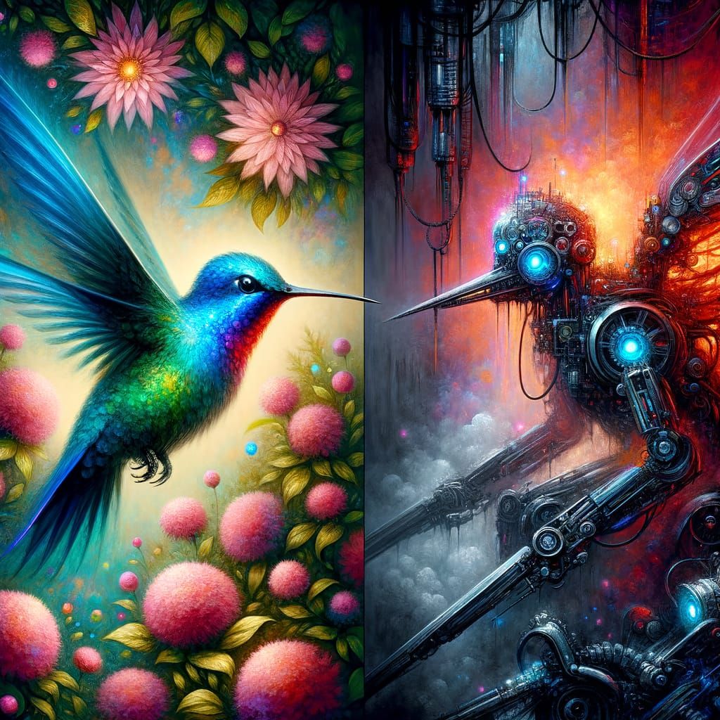 Hummingbird: Bioluminescent Watercolor vs Steampunk Automato...