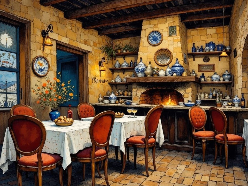 Warm Greek Tavern Scene in Earthy Color Palette