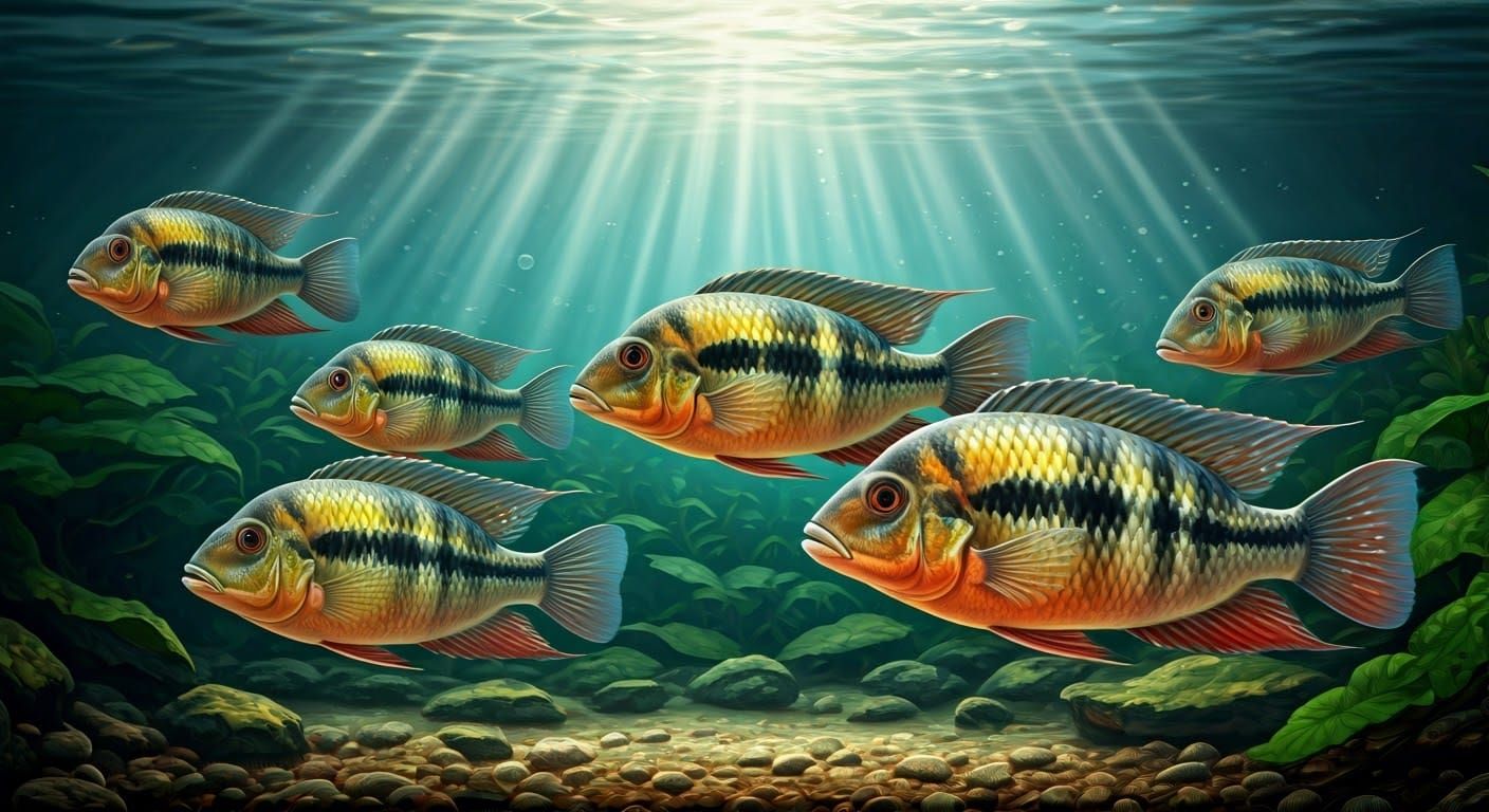 Realistic Underwater Scene of Festivum Cichlids in a Detaile...
