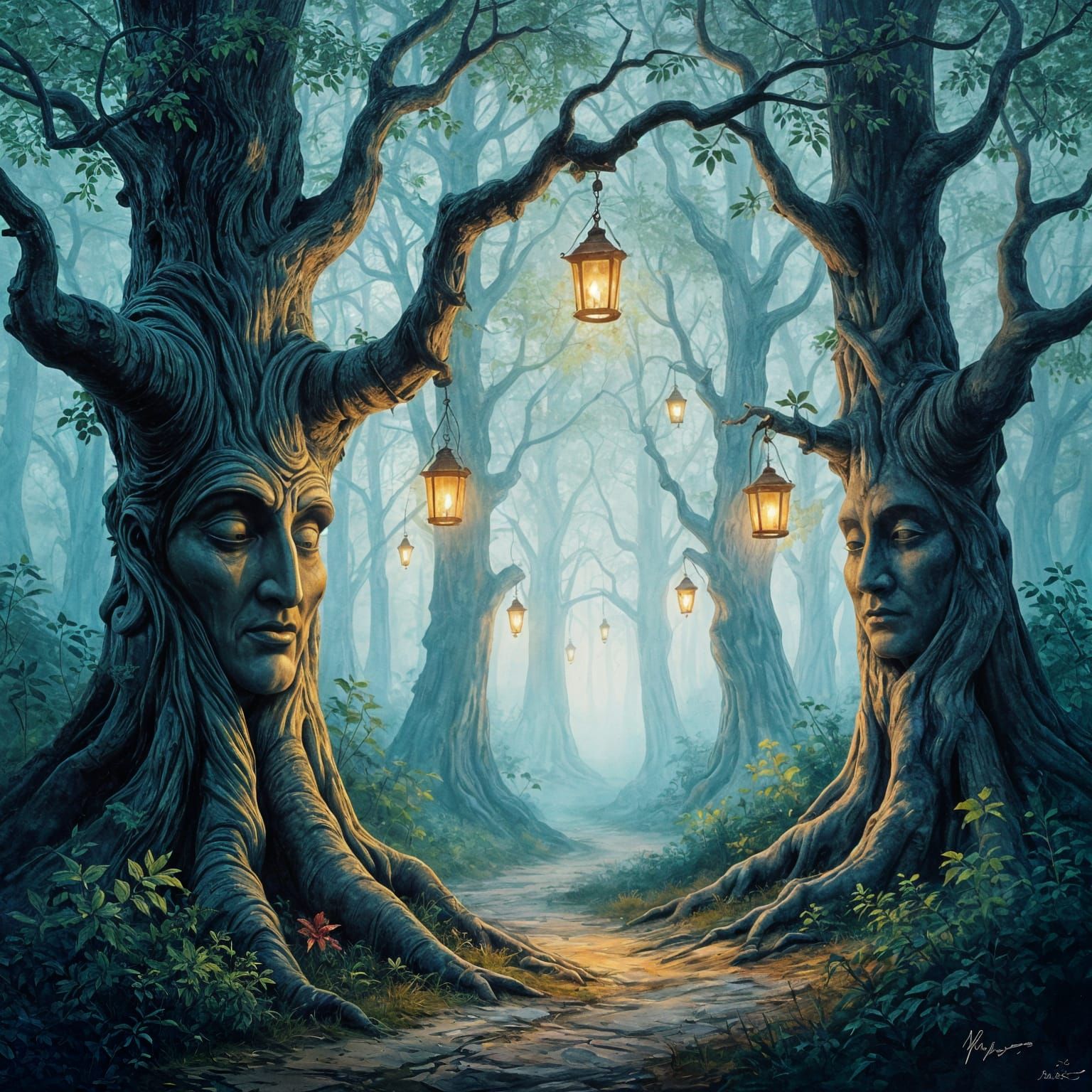 Lanterns Illuminate Whispering Trees in Fog