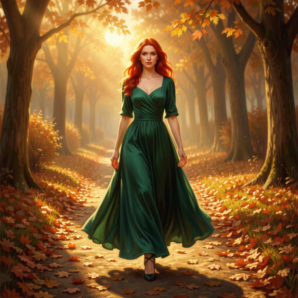 Woman in Emerald Dress Amidst Autumn Leaves
