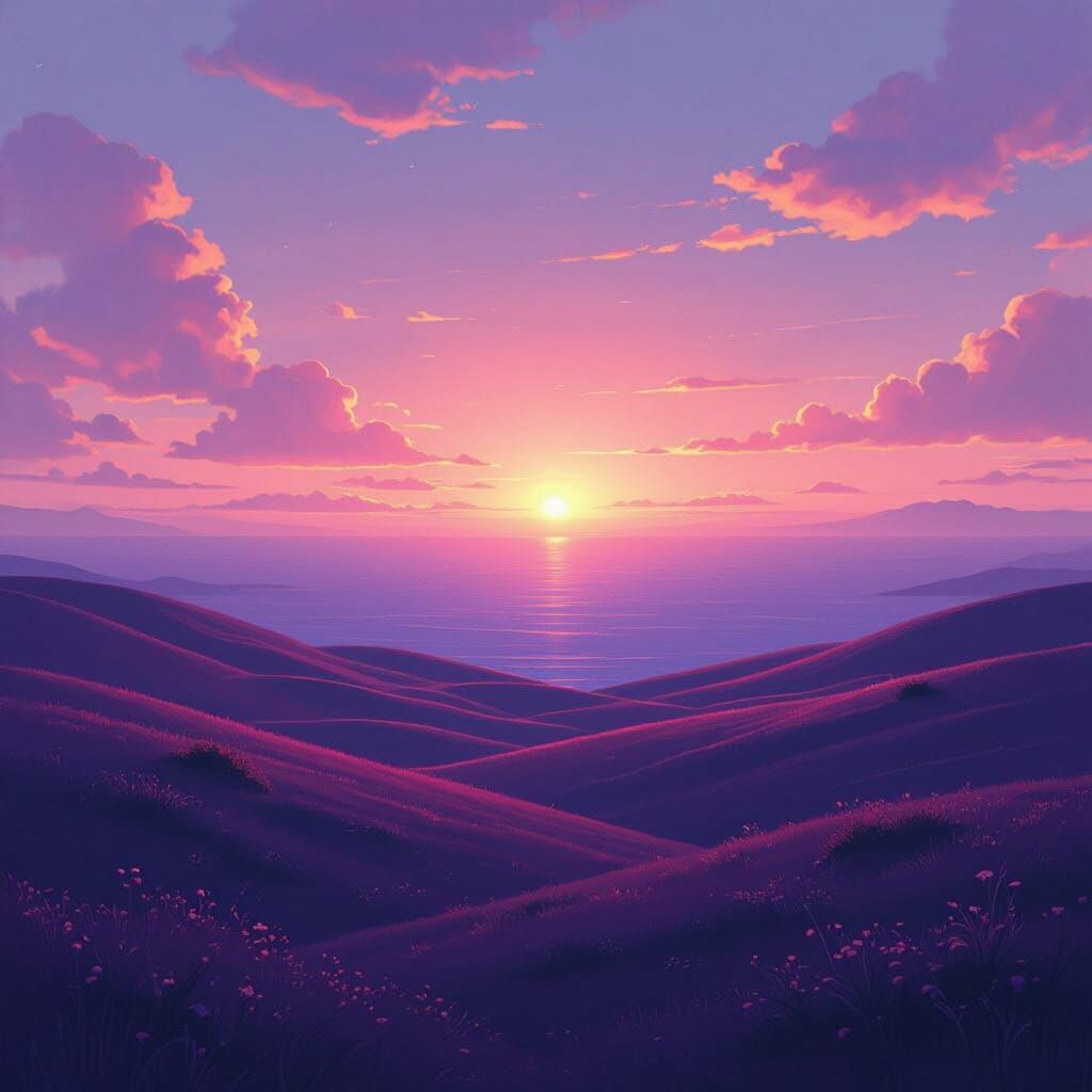 Surreal Pink Landscape with Purple Sea in Color Field Style
