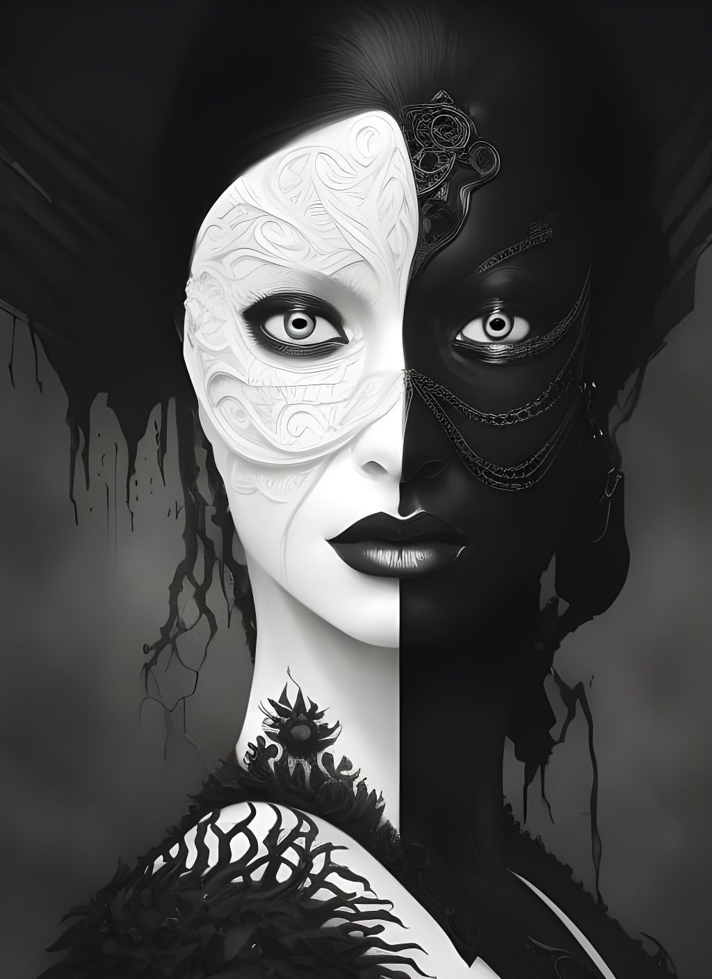 Monochrome Yin Yang Woman: Dark Fantasy Portrait