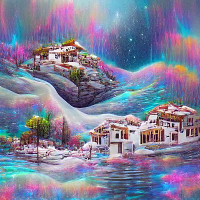 Snowy Village by Cosmic Lake, Holographic Illustration