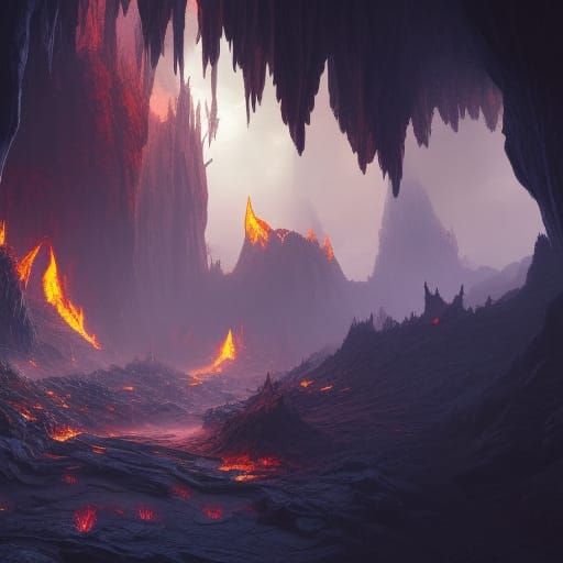 Epic Fantasy Realm in a Fiery Cave