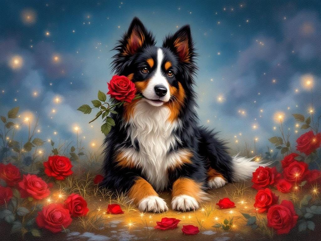Bernese Mountain Dog with Rose: Fine Art Oil Painting