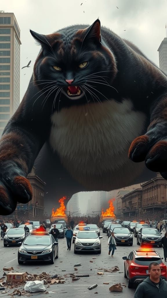 Gargantuan Tuxedo Cat Wreaks Havoc on City in Cyberpunk Apoc...