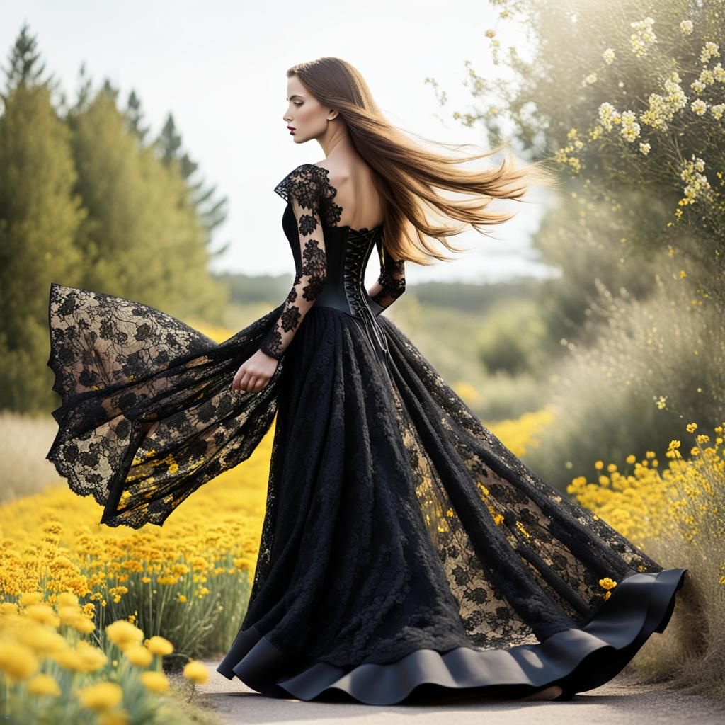 Woman in Black Lace Dress with Yellow Flowers