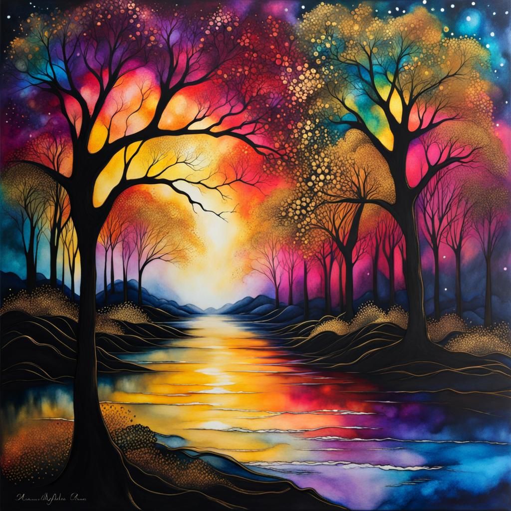 Mystical Night River Scene in Alcohol Ink