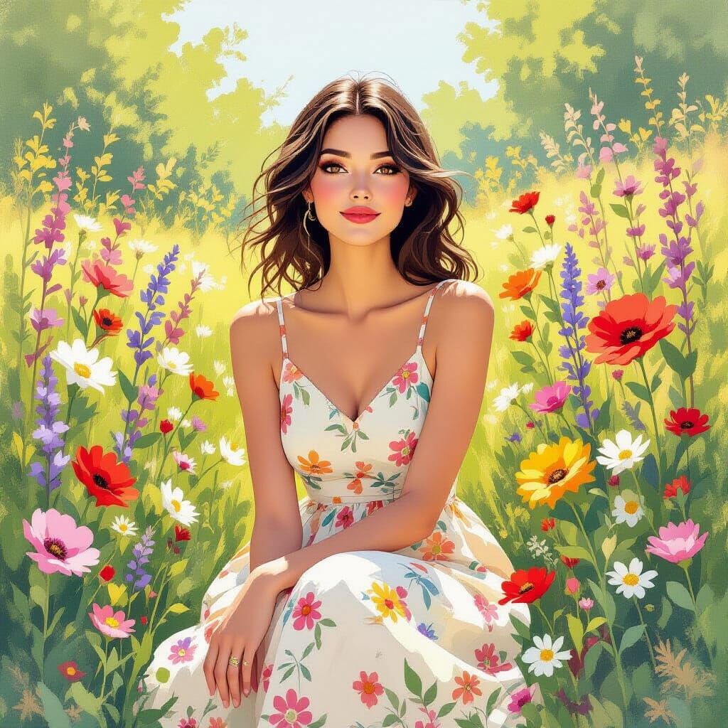 Serene Woman in Summer Garden as Gouache Painting