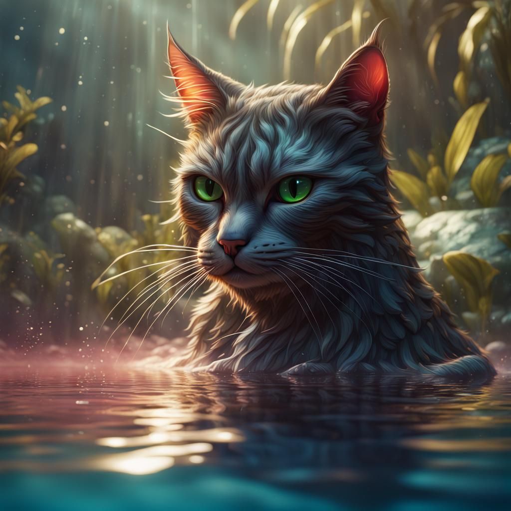 Cat Swimming: Detailed Matte Painting in Deep Color