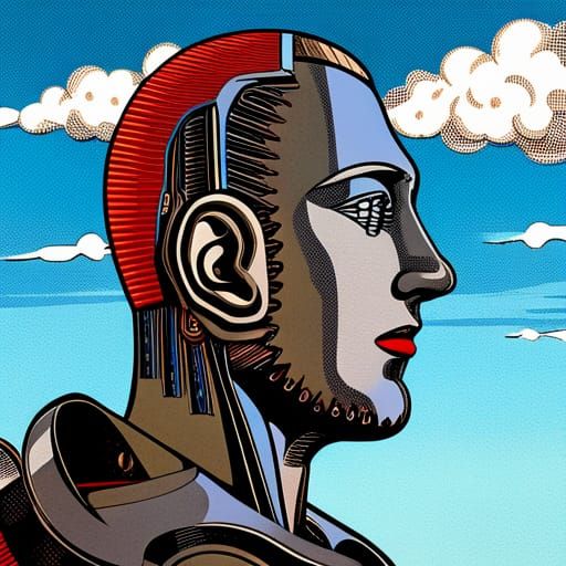 Cyborg with Human Face in Pop Art Style