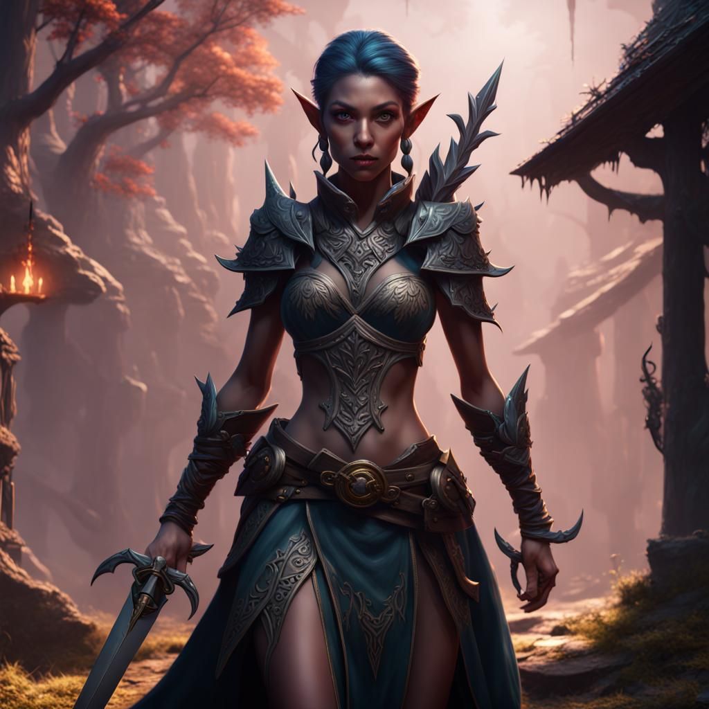 Shadow Elf Girl with Dagger: Detailed Matte Painting
