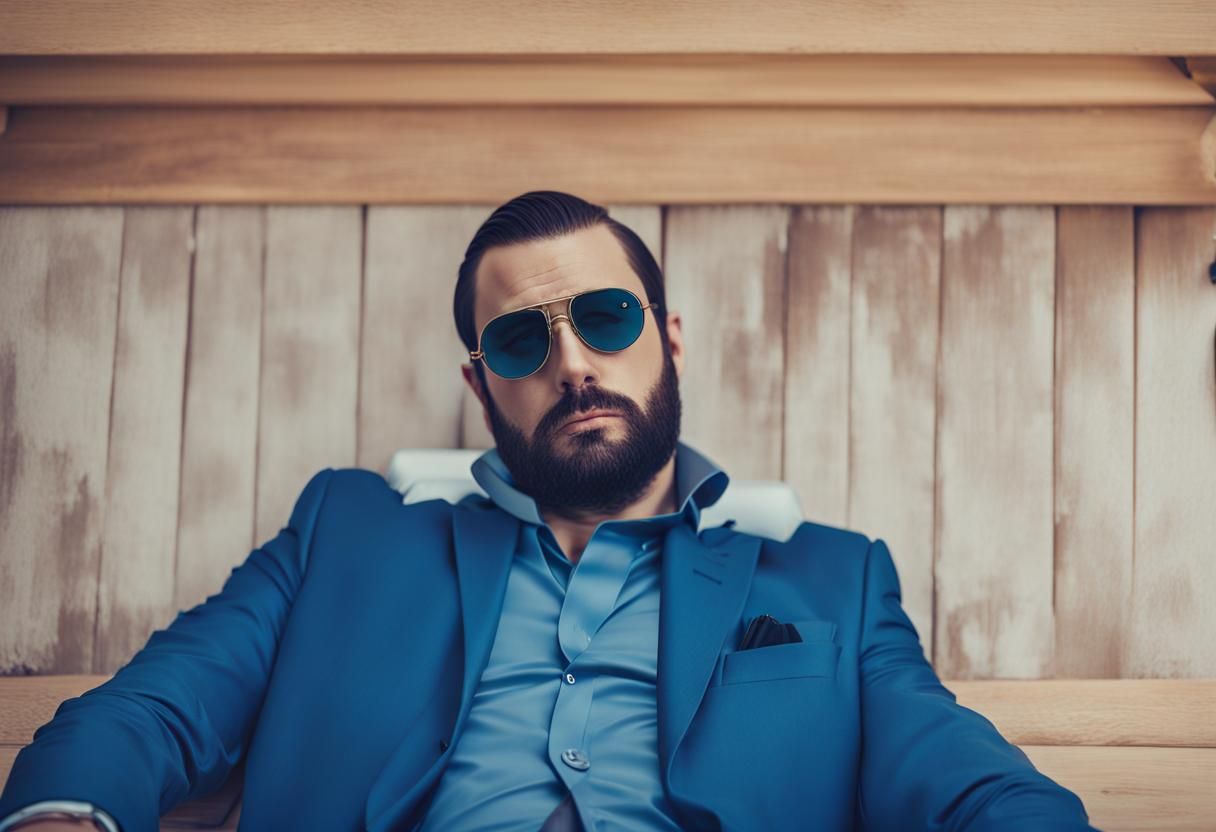 Mafia boss, golden frame glasses, killer look, relaxed position, pistol in hand