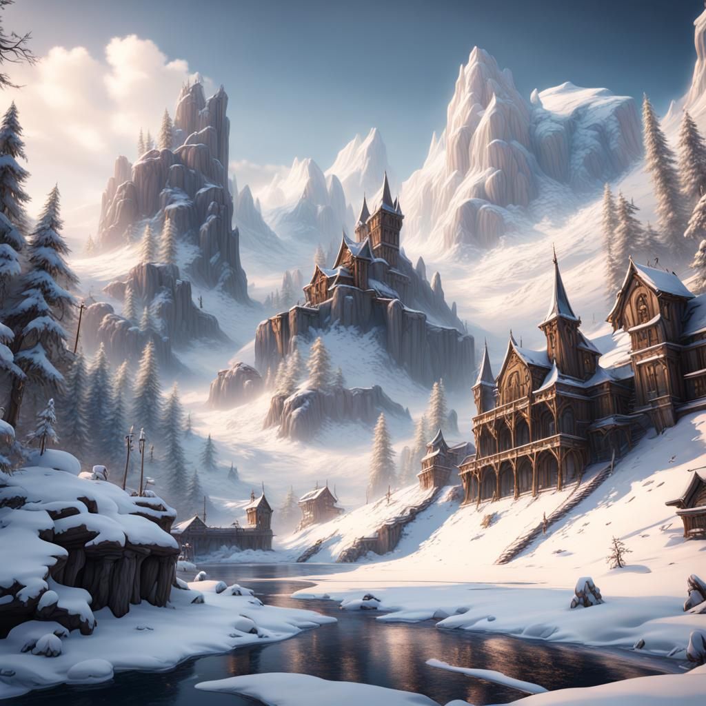 Detailed Matte Painting of a Snowy Landscape