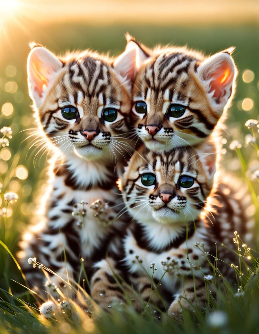 Fluffy Ocelot Kittens in Dawn Meadow Portrait