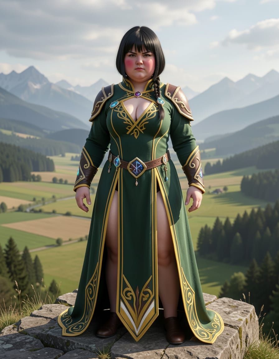 Sorceress on Rocky Ledge with Breathtaking Vista