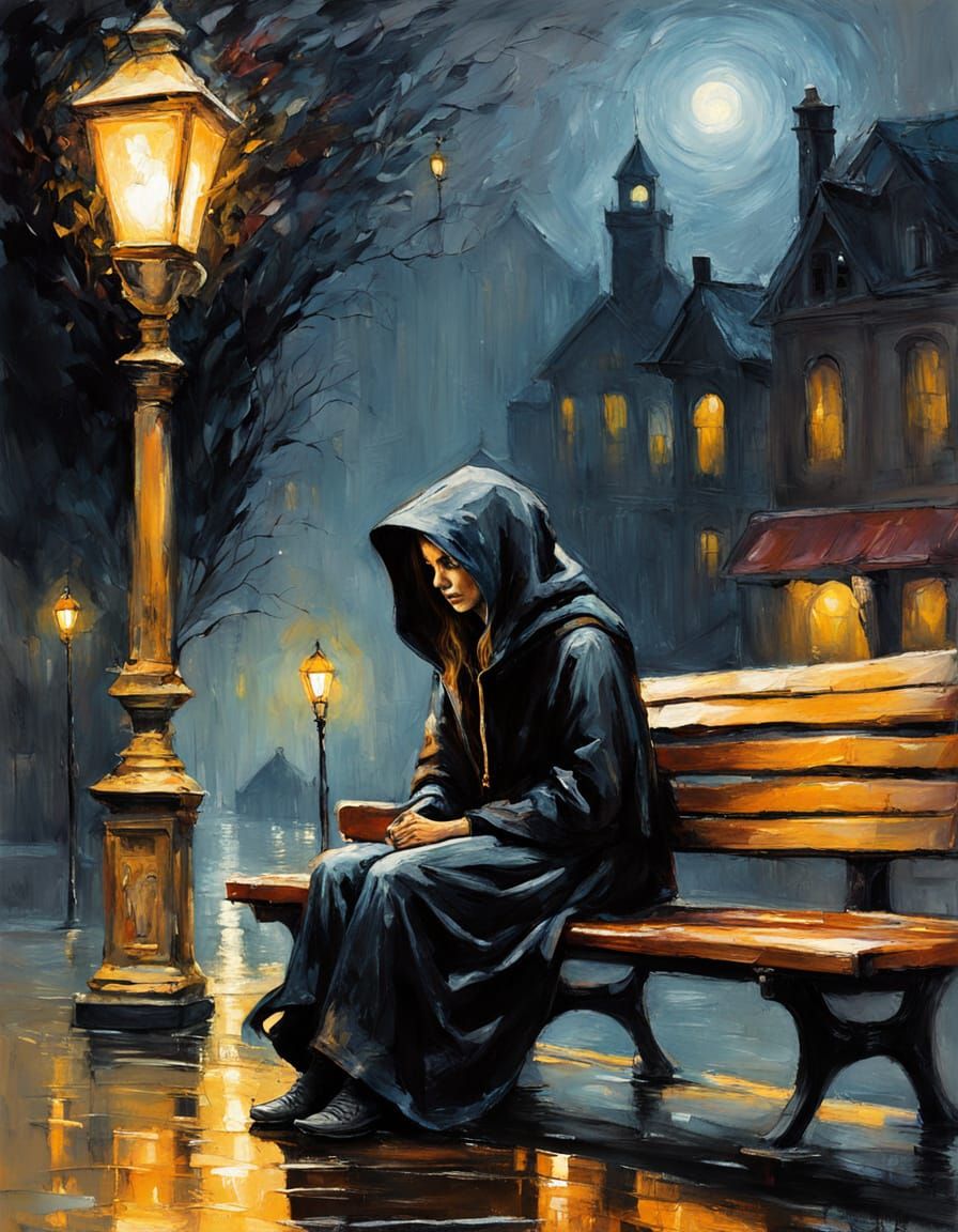 Ethereal Woman Under Street Lamp: Impressionist Impasto