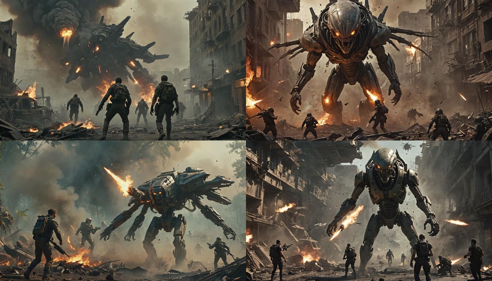 Intense Urban Battle Against Alien Invasion