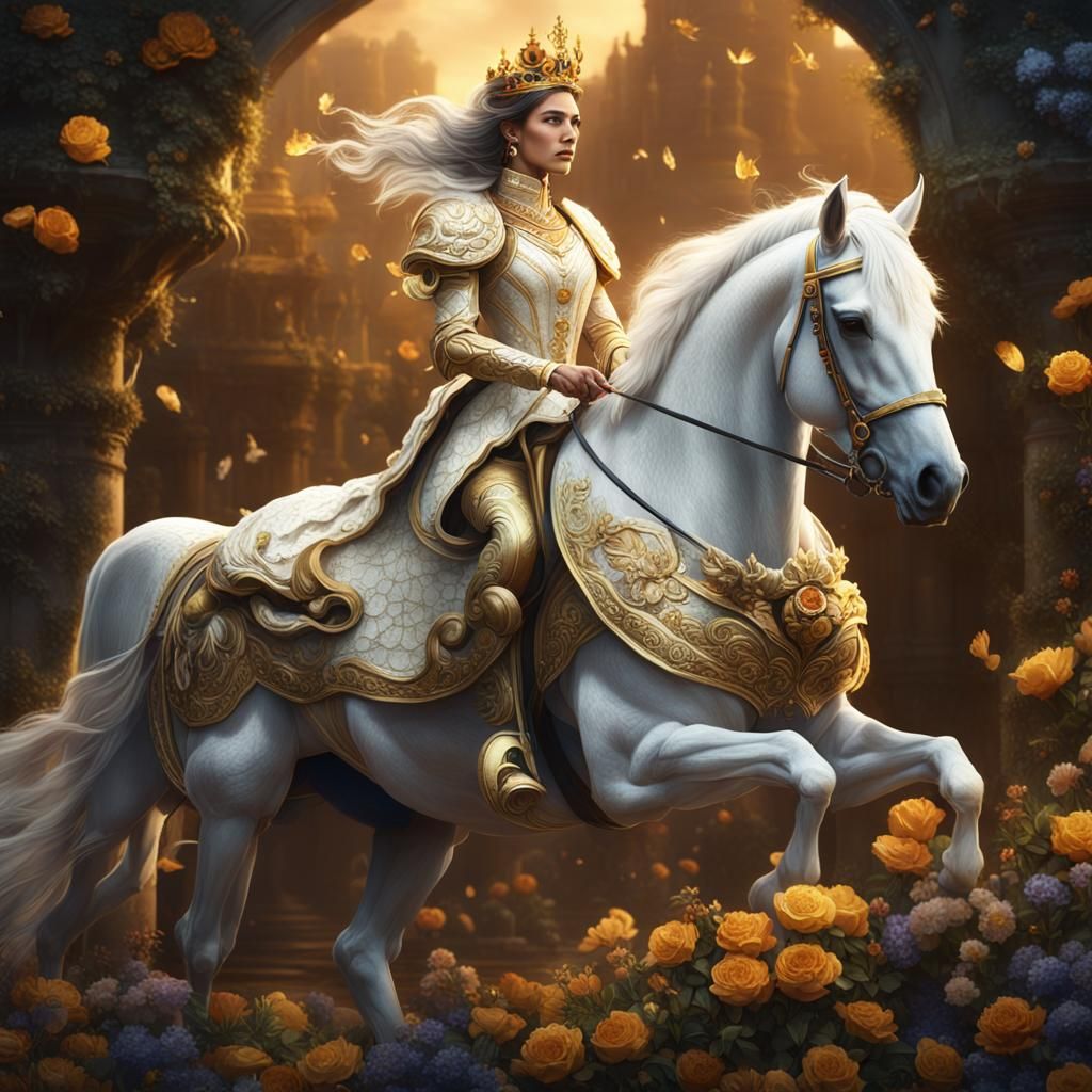 Golden-Haired Queen on White Horse with Clock