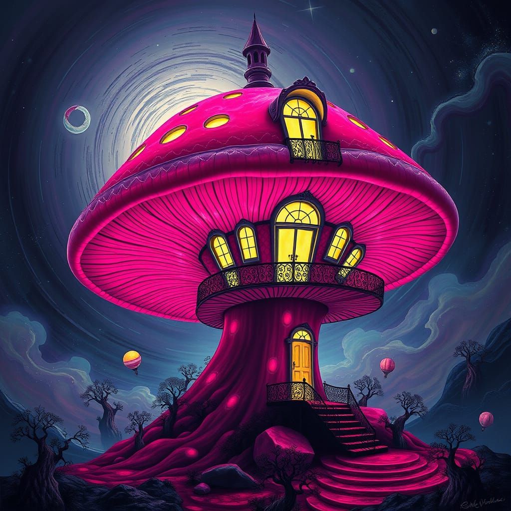 Surreal Luminescent Mushroom Home in Cosmic Swirl