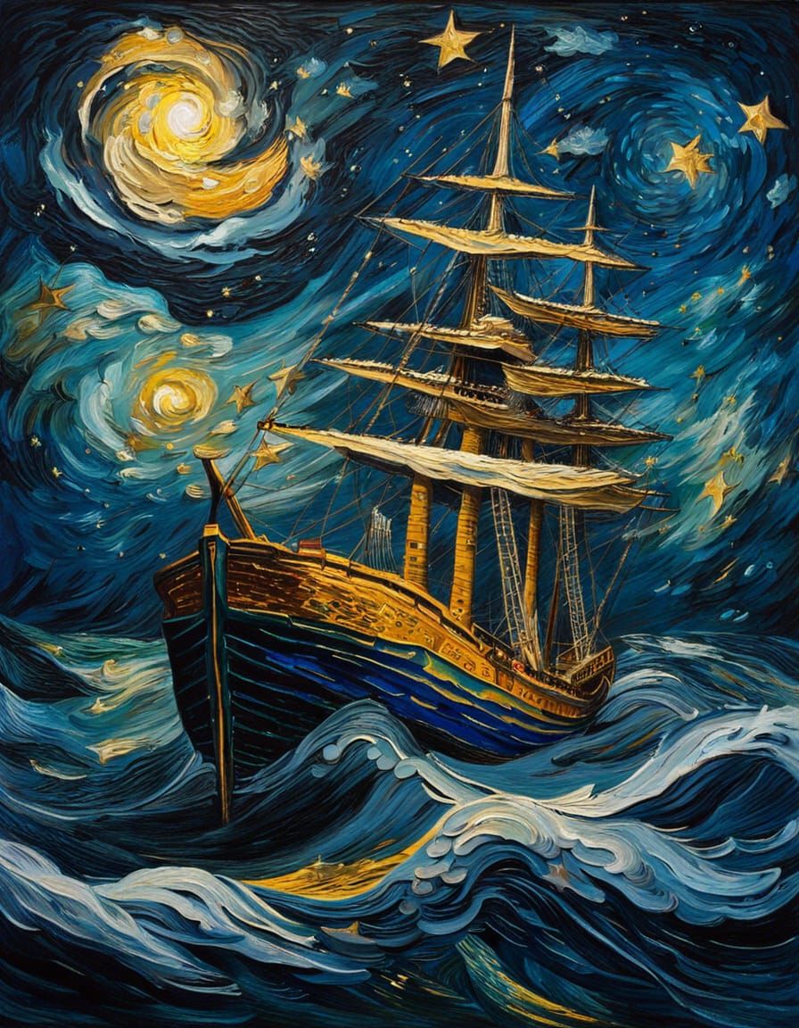 Moonlit Ship at Sea: Van Gogh Style Impressionism