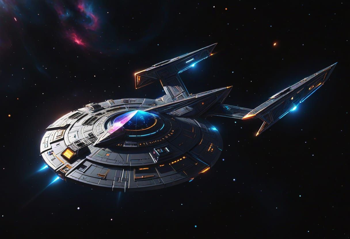Tetrahedron Starship Soaring Through Sapphire Nebula