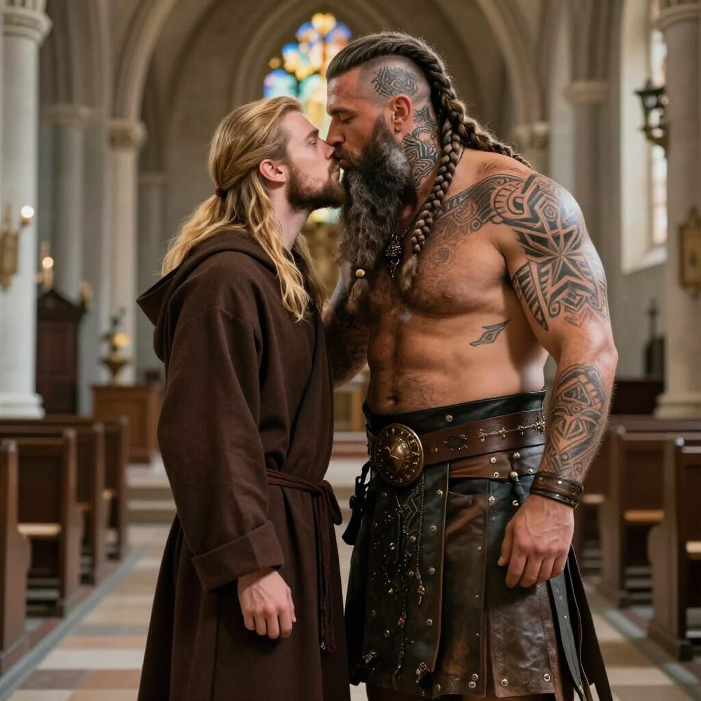 Muscular Viking with Long Braids Kissing Monk in Church