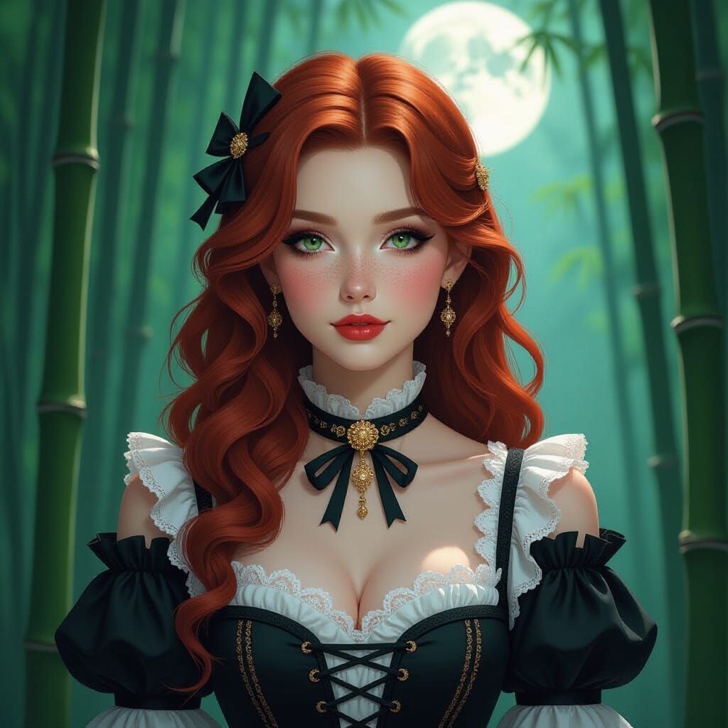 Gothic Lolita in Moonlit Bamboo Forest: Impasto Style