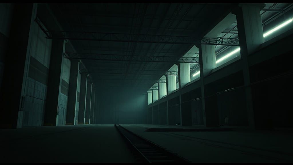 Abandoned Brutalist Warehouse in Low-Light Conditions