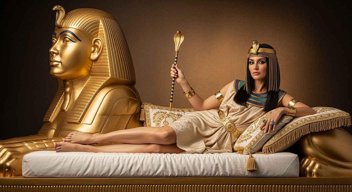 Egyptian Queen Lounging on Sphinx Chaise Longue