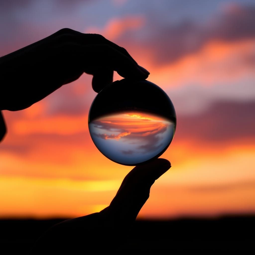 Hand Holding Sphere Reflecting Colorful Sunset