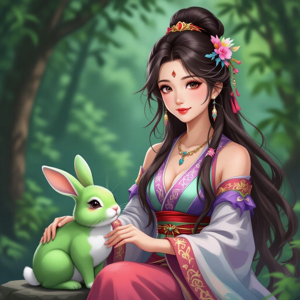 Chinese Goddess with Jade Rabbit Illustration