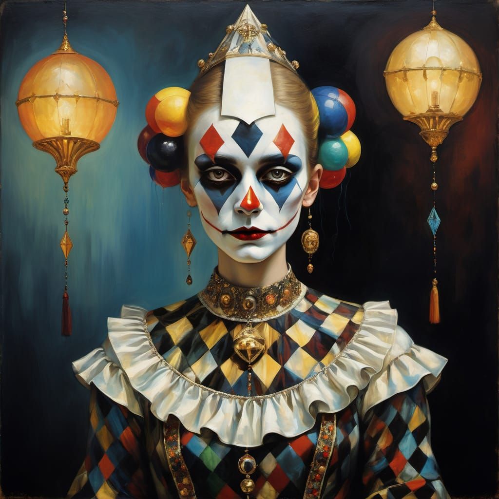 Surreal Harlequin Queen with Tears and Diamonds in Oil Paint...