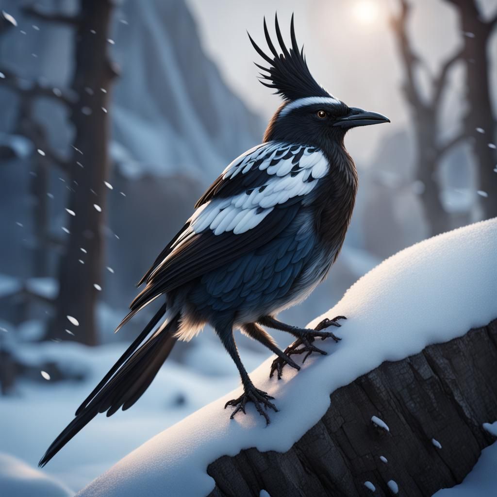 Viking Magpie in Snow: Detailed Matte Painting