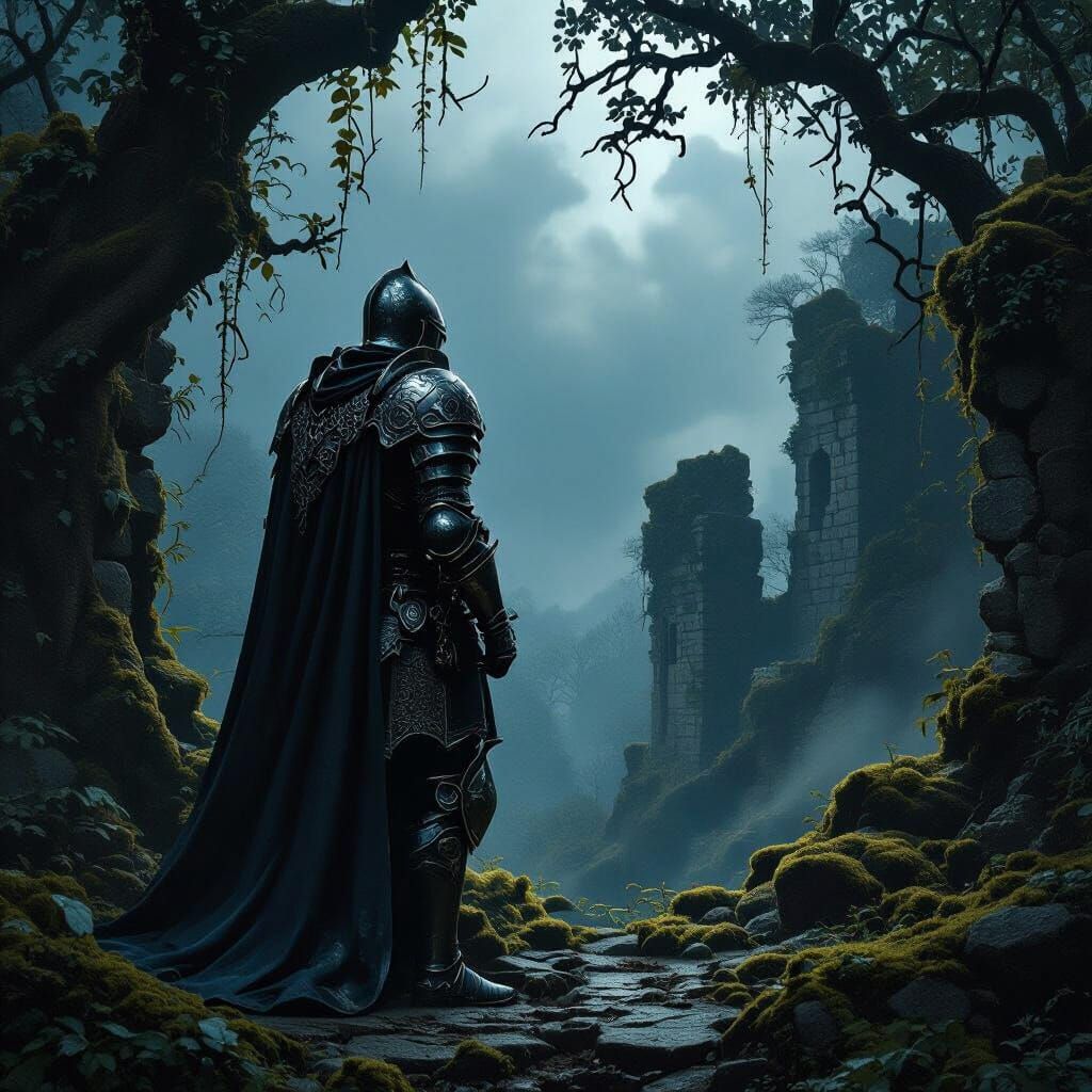 Knight at Forest Edge: Ancient Ruins and Stormy Sky