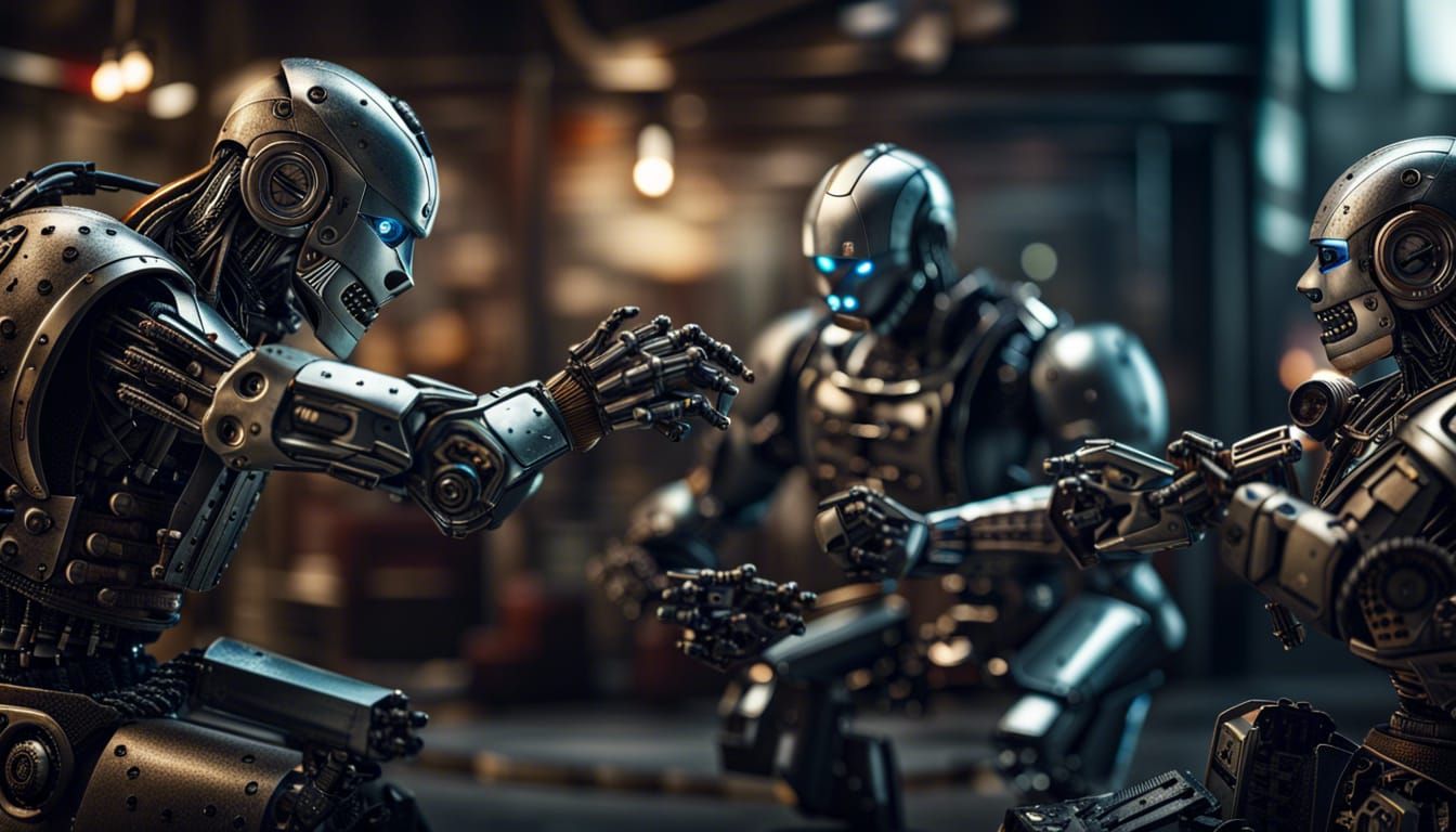 Hyperrealistic Robots Fighting in Cinematic Style
