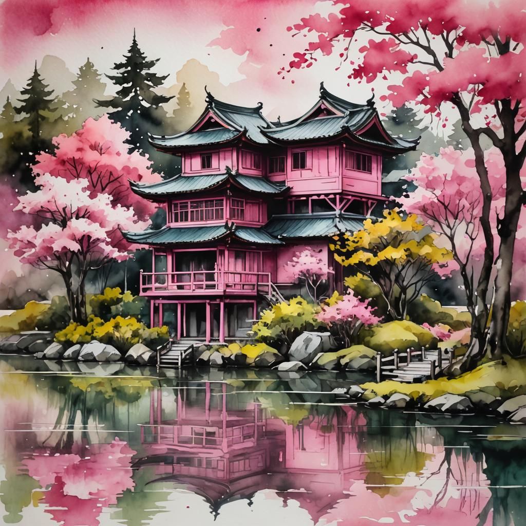 Pink Asian House by Lake in Alcohol Ink Style