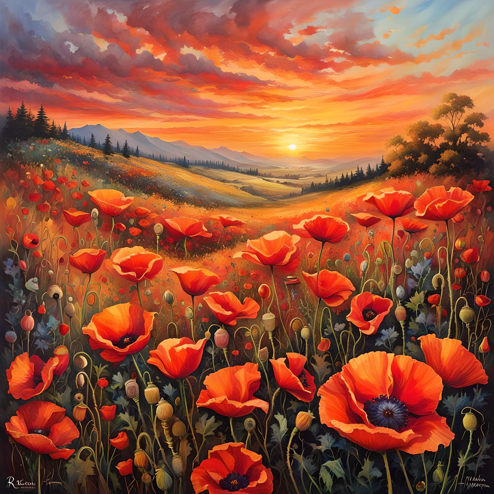 Vibrant Poppies Field at Sunrise in Watercolor Style
